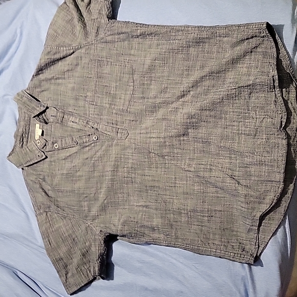 Merona cotton v neck unique shirt with collar. Grey linen look. 100% cotton - Picture 1 of 3